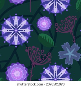 seamless continuous background.Vector abstract flowers and leaves of blue, purple, green colors.For wallpaper, textiles, stationery, design, print, decoration.