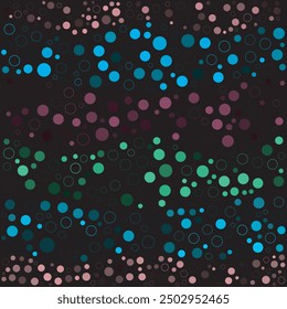 Seamless Continuous Design Polka Dots in Colorful Waves and Dark Background.