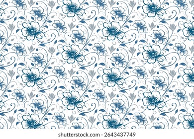 seamless continuous flower outline with leaf doodles and abstract lines for wrapping fashion textile and pillow use

