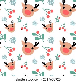 Seamless continuous image of Christmas deer and leaves on a white background. For background design, fabric pattern, gift wrapping paper