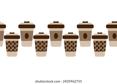 Seamless Continuous line of disposable cups with pattern and coffee beans. Concept for greetings