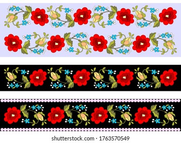 Seamless continuous ornament of red peonys stylized, hand drawn for embroidery of festive folk costume, for a belt or ribbon, for decoration of wedding invitations and cards