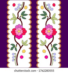 Seamless continuous ornament of red, pink geranium flowers for embroidery of festive folk costume, for a belt or ribbon, for decoration of wedding invitations and cards