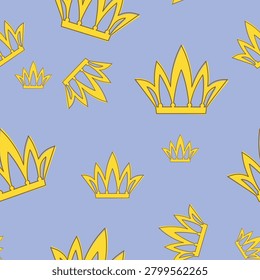 seamless continuous pattern of bright funny yellow crowns on a lilac background.Close-up.Design element