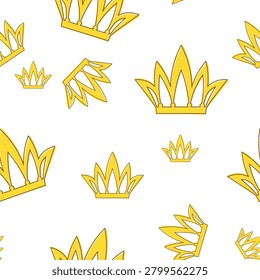 seamless continuous pattern of bright funny yellow crowns on a white background.Close-up.Design element