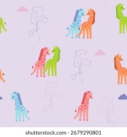 Seamless continuous pattern of cartoon colorful funny giraffes on a pink background.Close-up. The design element