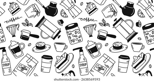 Seamless continuous pattern coffee, drink, grain and dessert. Hand drawn linear vector isolated illustration