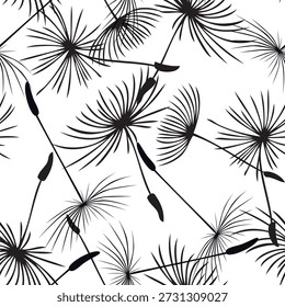 seamless continuous pattern of down with black  dandelion seeds on a white background.Close-up, isolated.The design element