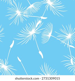 seamless continuous pattern of down with white dandelion seeds on a blue  background.Close-up, isolated.The design element