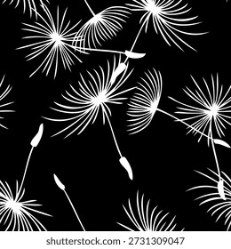 seamless continuous pattern of down with white dandelion seeds on a black  background.Close-up, isolated.The design element