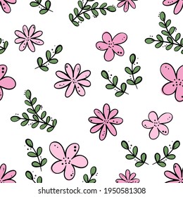 Seamless continuous pattern with flowers and leaves. Drawn pink flowers and green leaves. Template for background and design, vector.