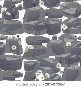 seamless continuous pattern of gray blocks of stone with white daisies on a white background.Close-up.Design element 