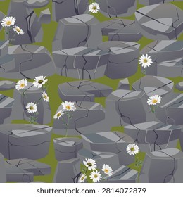seamless continuous pattern of gray blocks of stone with white daisies on a green background.Close-up.Design element 
