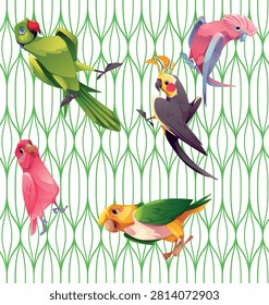 seamless continuous pattern of green geometric lattice and colorful bright parrots on a white background.Close-up.Design element