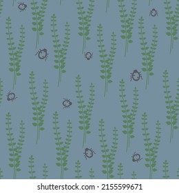 seamless continuous pattern with plant motifs and ladybugs on a blue background. Silhouettes of herbs and bugs for wallpaper, paper, packaging, advertising, etc.