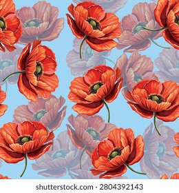 seamless continuous pattern of red poppies  on a blue background.Close-up.Design element 