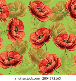 seamless continuous pattern of red poppies  on a green background.Close-up.Design element 