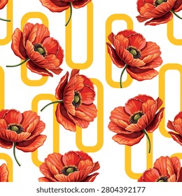 seamless continuous pattern of red poppies and yellow geometric shapes on a white background.Close-up.Design element 
