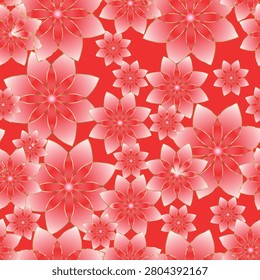 seamless continuous pattern of stylized geometric red flowers with a golden gradient outline on a redbackground.Design element