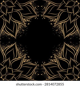 seamless continuous pattern of stylized gold flowers with gold dust on a black background.Close-up.Design element