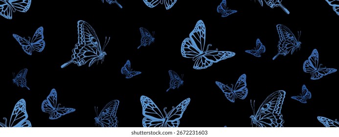 padrão contínuo sem costura de borboletas voadoras brancas e azuis em um fundo preto.Close-up. O elemento de design