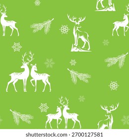 padrão contínuo sem costura de veado branco, ramos de árvore de Natal e flocos de neve em um fundo verde.Close-up, isolado.O elemento de design