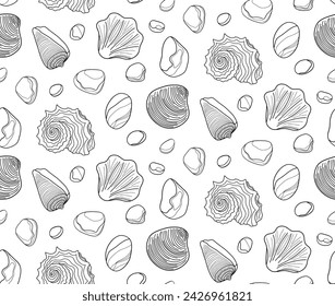 Seamless contour background with pebbles end shells, pattern with a variety of pebbles outline.