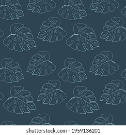 Seamless contour background with tropical plants.  Monstera leaves. Stock illustration.