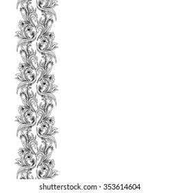 Seamless Contour Floral Pattern. Hand Drawn Monochrome Floral Texture, Decorative Flowers, Coloring Book, Vertical Border.