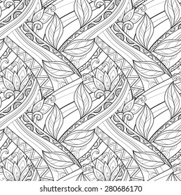 Seamless Contour Floral Pattern (Vector). Hand Drawn Monochrome Floral Texture, Decorative Flowers, Coloring Book