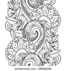 Seamless Contour Floral Pattern (Vector). Hand Drawn Monochrome Floral Texture, Decorative Flowers, Coloring Book