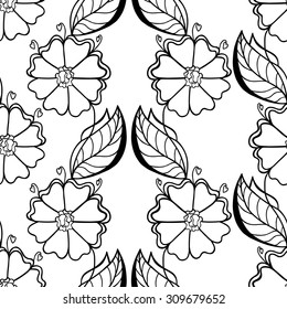 Seamless Contour Floral Pattern. Vector Illustration. Hand Drawn Monochrome Floral Texture, Decorative Flowers, Coloring Book