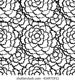 Seamless Contour Floral Pattern. Vector Illustration. Hand Drawn Monochrome Floral Texture, Decorative Flowers, Coloring Book