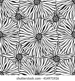 Seamless Contour Floral Pattern. Vector Illustration. Hand Drawn Monochrome Floral Texture, Decorative Flowers, Coloring Book