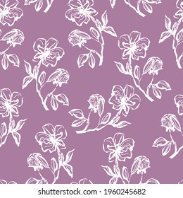 seamless contour floral vector pattern with twigs and leaves on contrasting lilac background