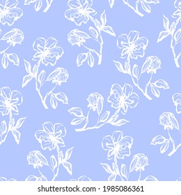 seamless contour floral vector pattern with twigs and leaves on contrasting lilac background
