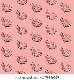 Seamless contour pattern the artist's palette. Vector monochrome texture. Vector seamless texture. Palette and paints brushes doodle. Hand-drawn. Drawing a line. Design for packaging, textiles, websites