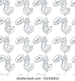 Seamless contour pattern background with funny simple cartoon chikens, roosters. Speech bubbles with sound of birds: tweet, cluck, peep. Pattern for textile, wrapping paper, design.