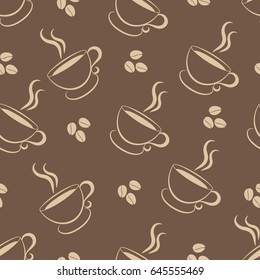 Seamless contour pattern of the coffee in the grains and a cup. Vector illustration
