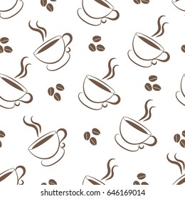 Seamless contour pattern of the coffee in the grains and a cup. Vector illustration
