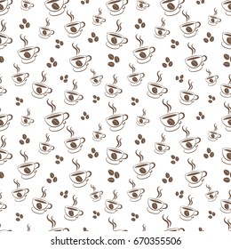 Seamless contour pattern of the coffee in the grains and a cup. Vector illustration