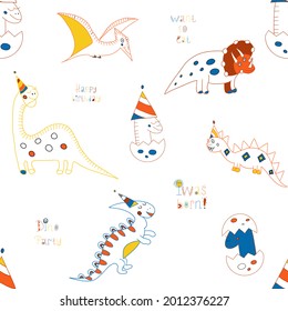 seamless contour pattern with dinosaurs with holiday hats for children, jewelry, fabrics, clothing, shoes, notebooks, textiles