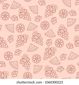 Seamless contour pattern of grapes, lemon and watermelon. This fruit design for your business projects.  Ideal for fabrics and decor. Beautiful vector background