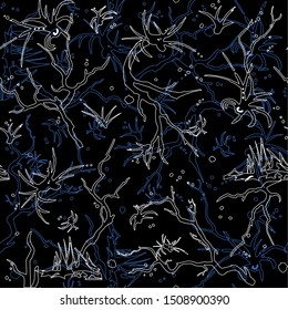 Seamless contour pattern. Hand-drawn prickly branches on a black background. Sharp cracks and monsters. Vector halloween illustration for textile, fabric, paper.
