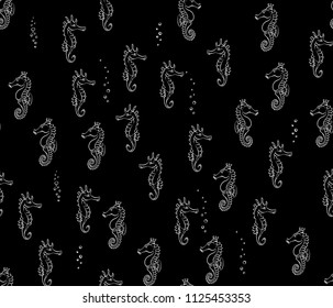 seamless contour pattern of seahorses on a black background. Cartoon style. It can be used for wallpapers, wrapping paper, textiles, bed linen, clothes.