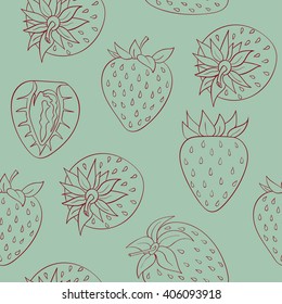 Seamless contour strawberry pattern on color background, vector illustration