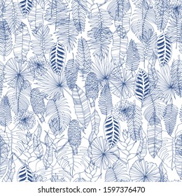 Seamless contour tropical pattern, with exotic leaves, very gentle vector drawing.  Vector line drawing, freehand.