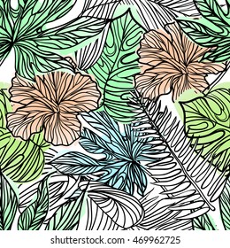 Seamless contour tropical pattern with exotic leaves.