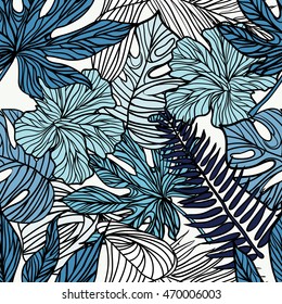 Seamless contour tropical pattern with exotic leaves.