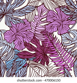 Seamless contour tropical pattern with exotic leaves.